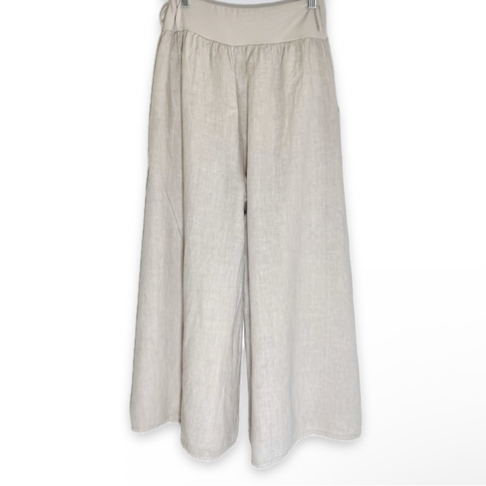 Italian Linen Palazzo Pants Pull-On Wide-Leg High-Rise Neutral Cream Flowy Italy